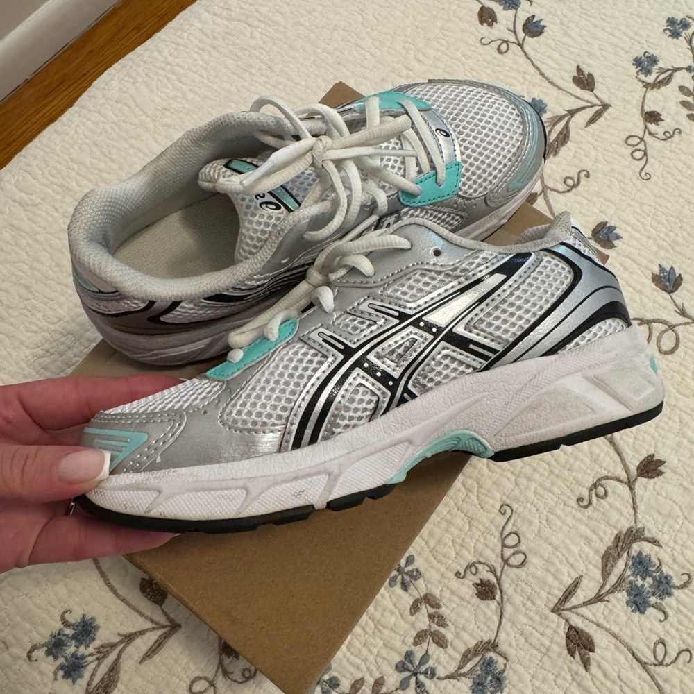Kids ASICS  Silver and Teal Running Shoes